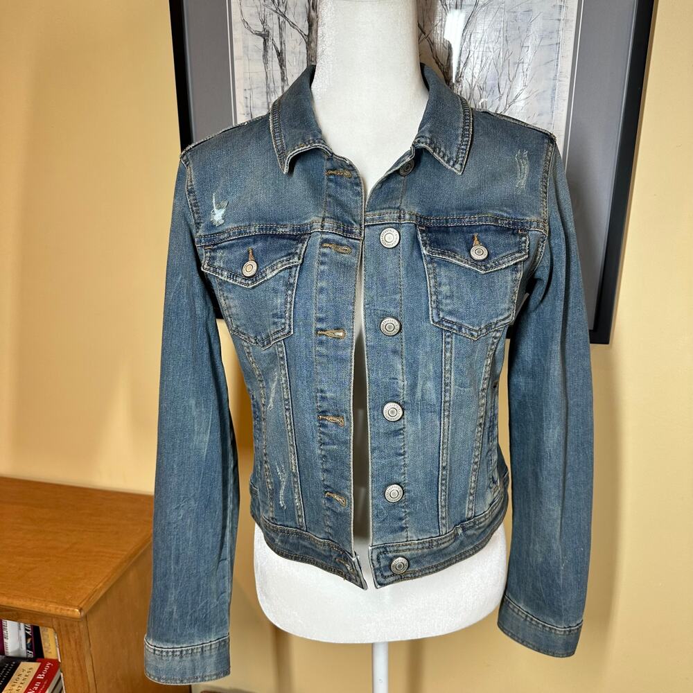 Aeropostale Cropped Distressed Denim Jacket sz M Y2K Grunge